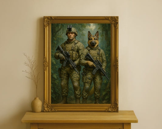 Elite Military Companions – Custom Tactical Portrait of Human & Pet