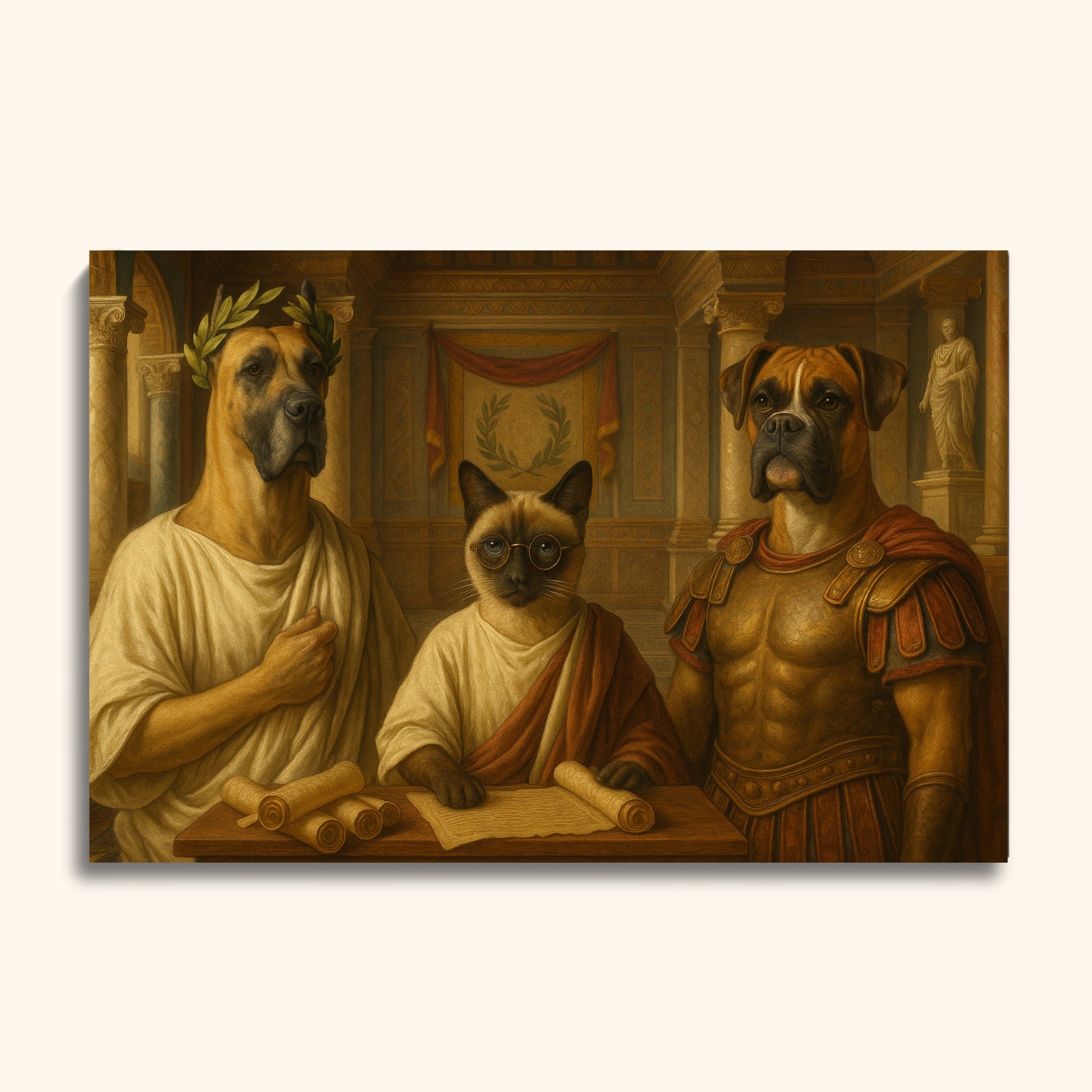 Ancient Roman Pet Portrait – Cat & Dogs in Toga and Gladiator Armor
