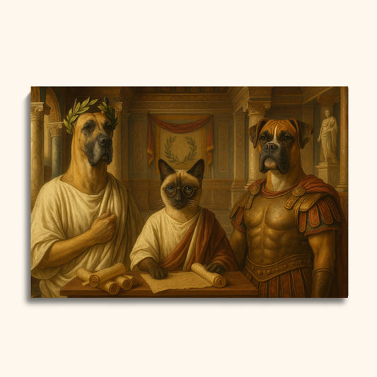 Ancient Roman Pet Portrait – Cat & Dogs in Toga and Gladiator Armor