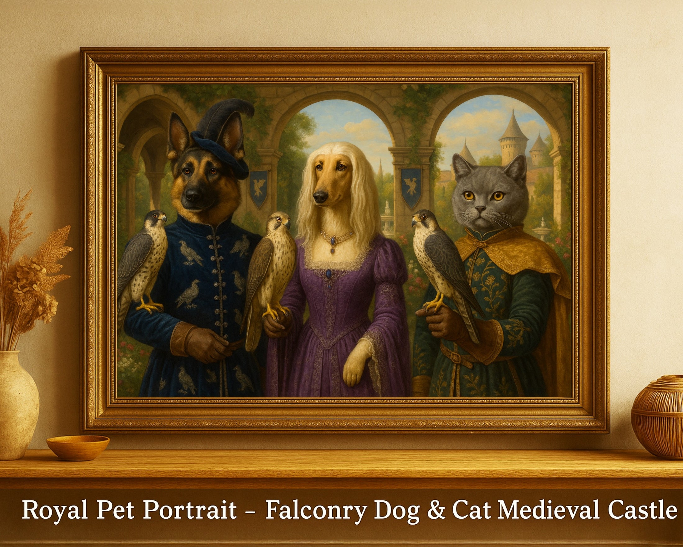 Falconry Pet Portrait – Custom Royal Painting with Dog & Cats in Medieval Castle
