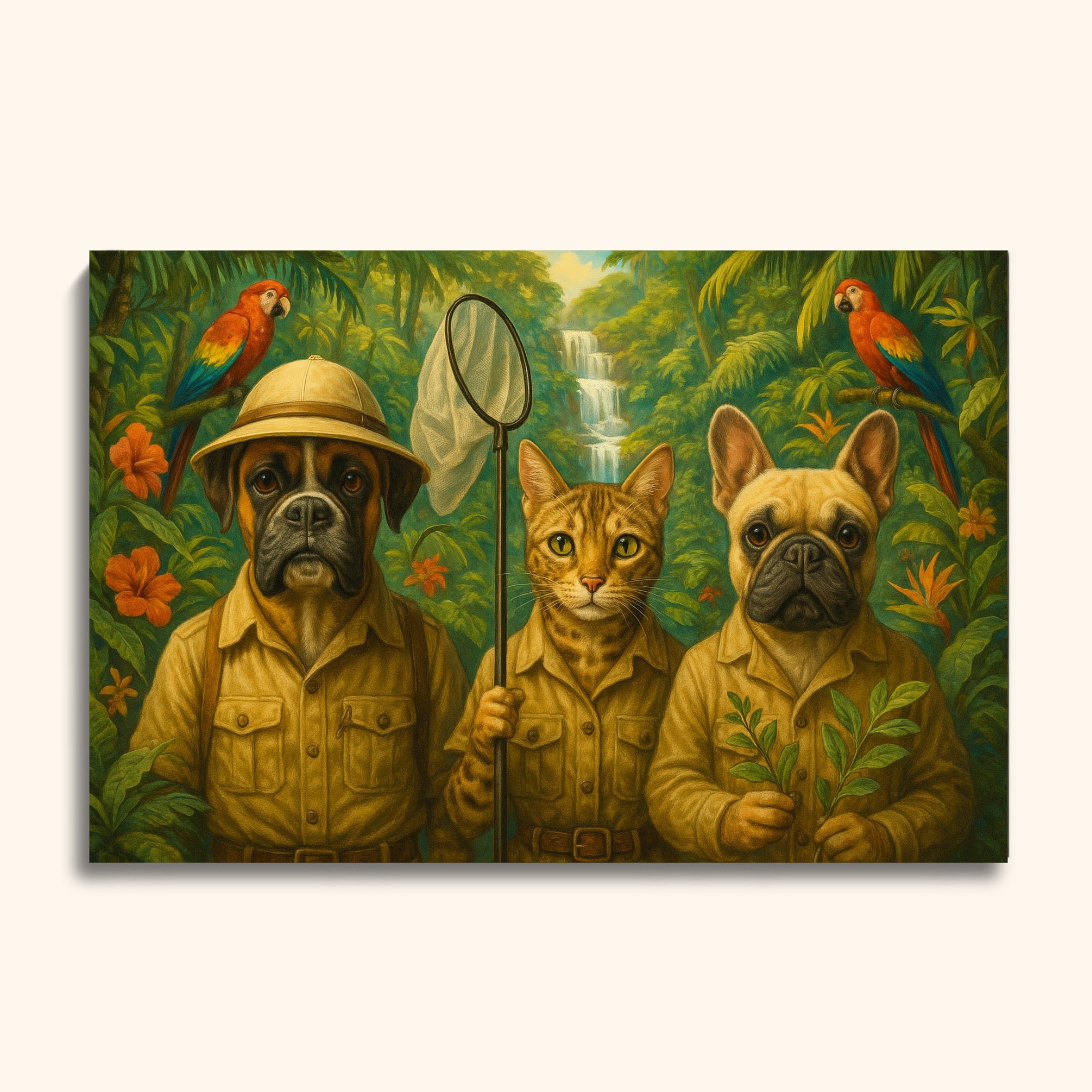 Adventurous Jungle Pet Portrait – Custom Safari Artwork with Dogs & Cat