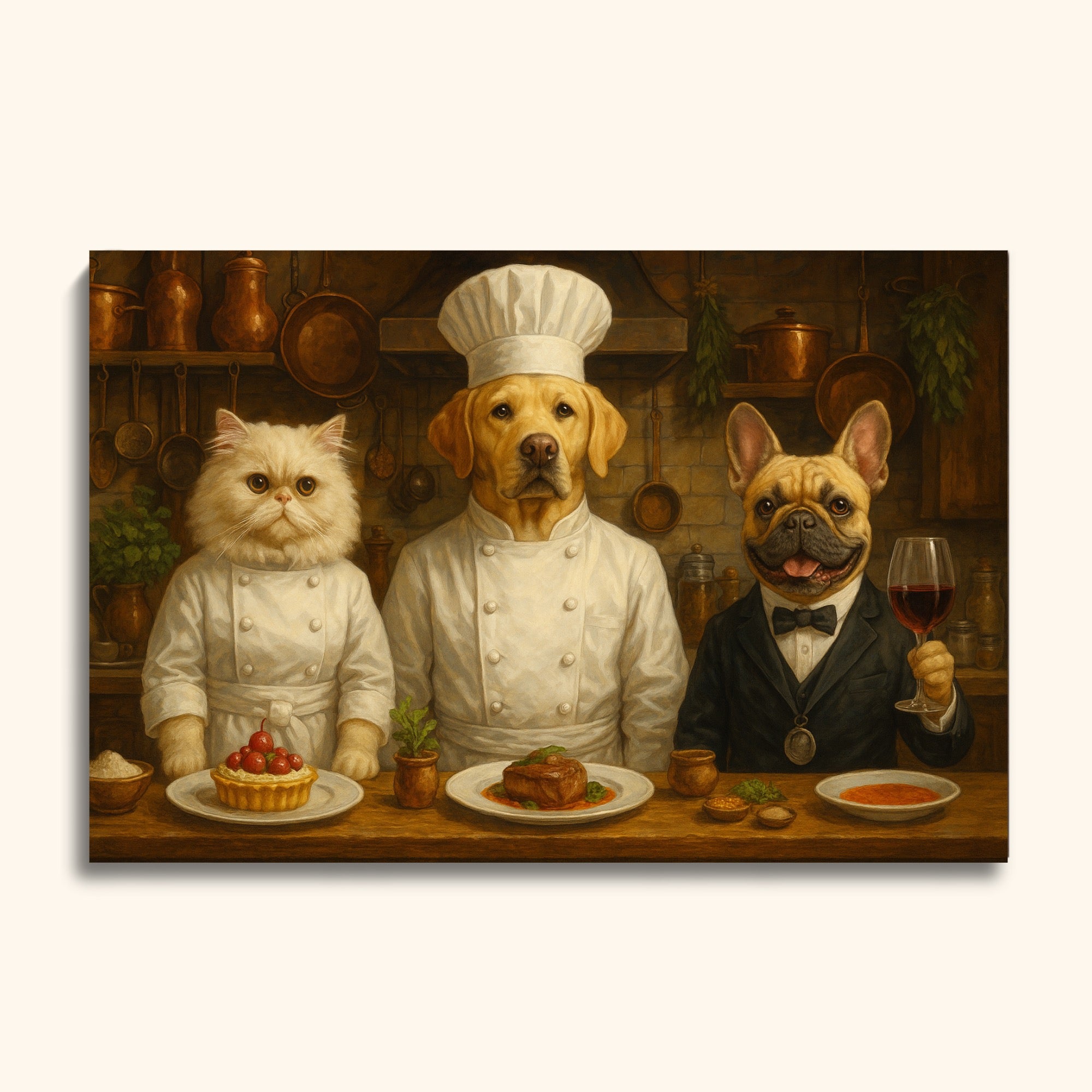 Gourmet Pet Chef Portrait – Custom Animal Painting in Rustic Kitchen