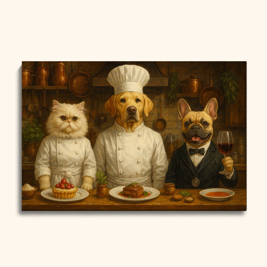 Gourmet Pet Chef Portrait – Custom Animal Painting in Rustic Kitchen