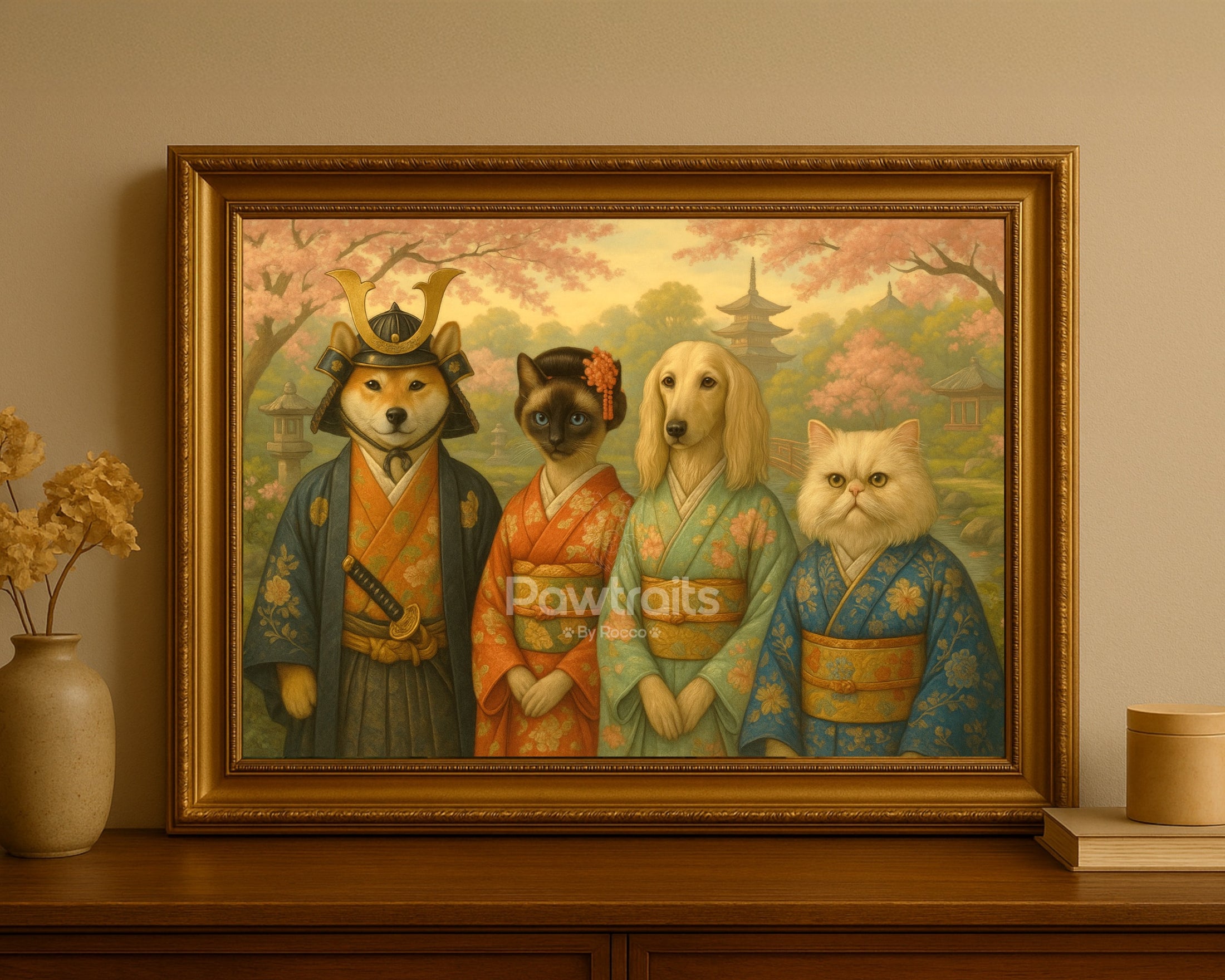 Japanese Kimono Pets – Custom Portrait of Dogs and Cats in Traditional Garden
