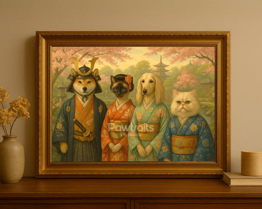 Japanese Kimono Pets – Custom Portrait of Dogs and Cats in Traditional Garden