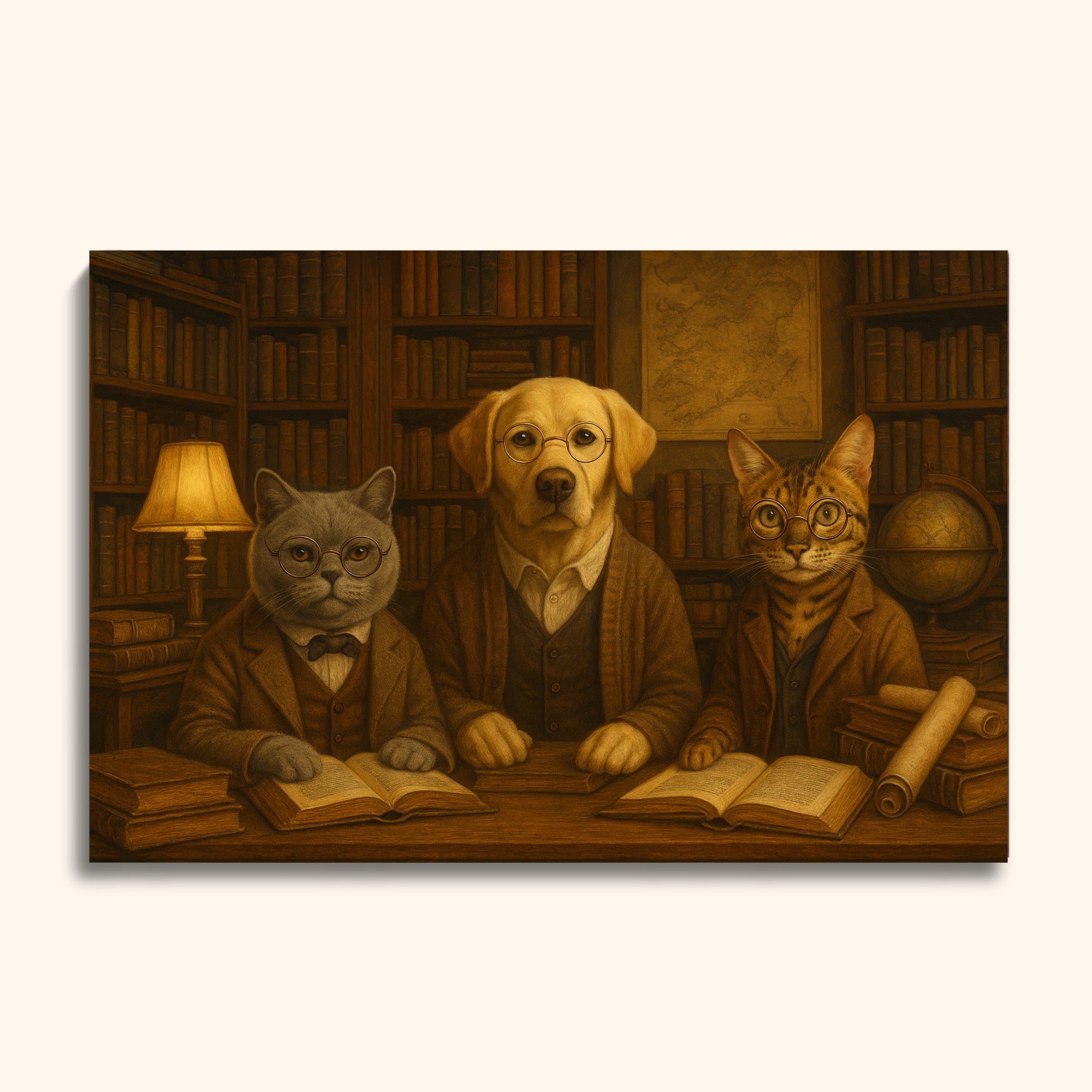Vintage Pet Scholar Portrait – Custom Dog & Cat Painting in Antique Library