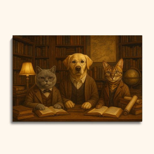Vintage Pet Scholar Portrait – Custom Dog & Cat Painting in Antique Library