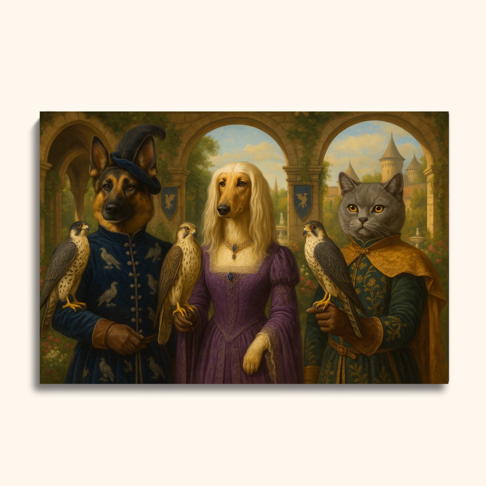 Falconry Pet Portrait – Custom Royal Painting with Dog & Cats in Medieval Castle
