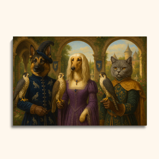 Falconry Pet Portrait – Custom Royal Painting with Dog & Cats in Medieval Castle