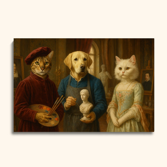 Renaissance Pet Artist Portrait – Custom Painting with Dog Sculptor & Artistic Cats