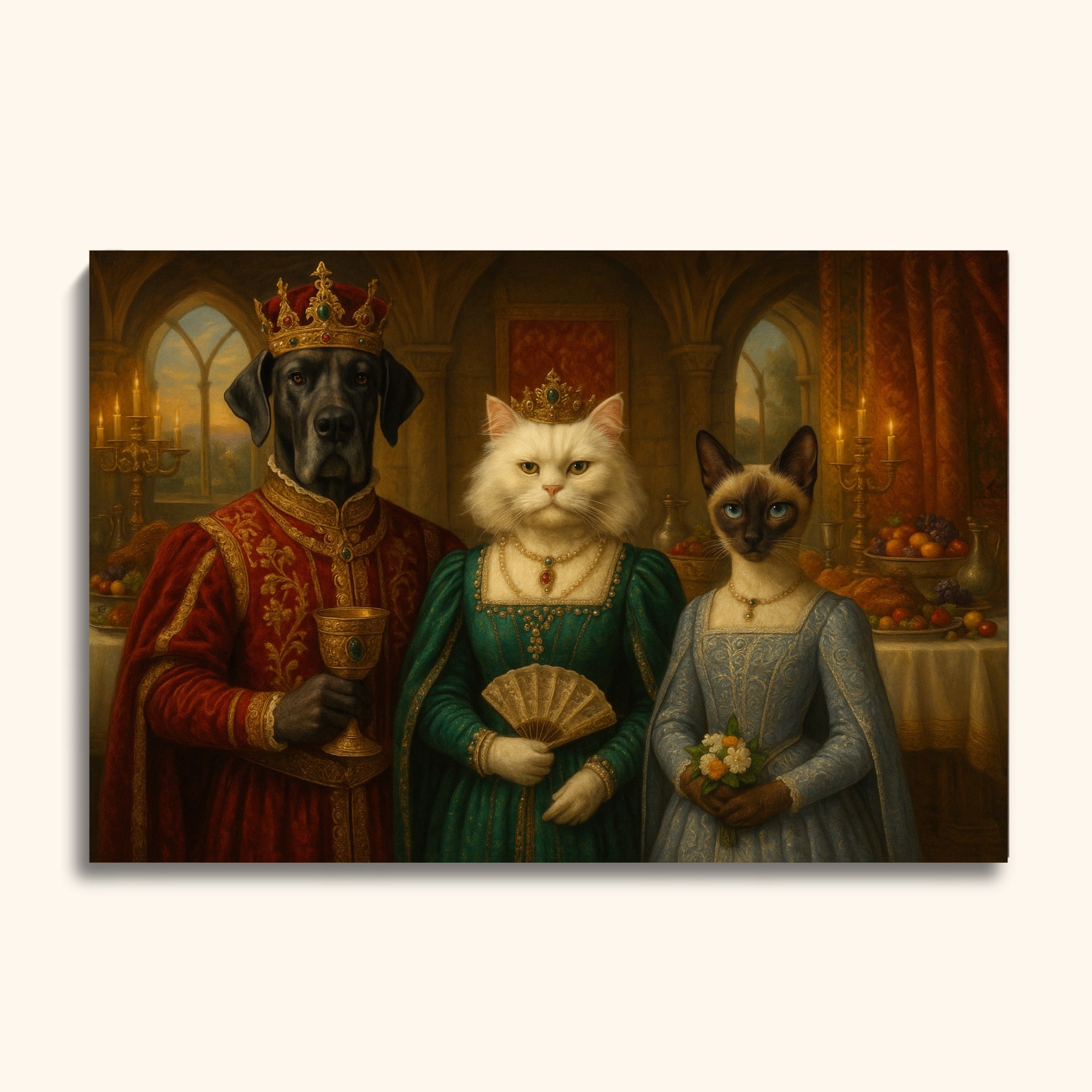 Royal Pet Banquet Portrait – Custom King Dog & Noble Cats in Renaissance Style