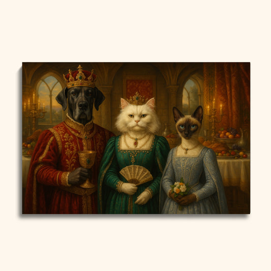 Royal Pet Banquet Portrait – Custom King Dog & Noble Cats in Renaissance Style
