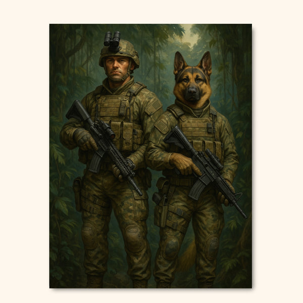 Elite Military Companions – Custom Tactical Portrait of Human & Pet
