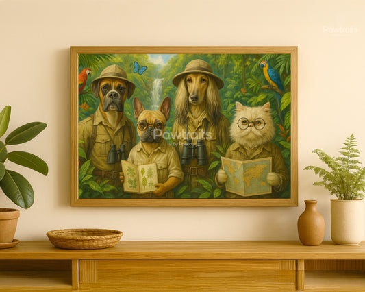 Jungle Explorer Pets – Custom Portrait of Dogs and Cats on a Tropical Expedition