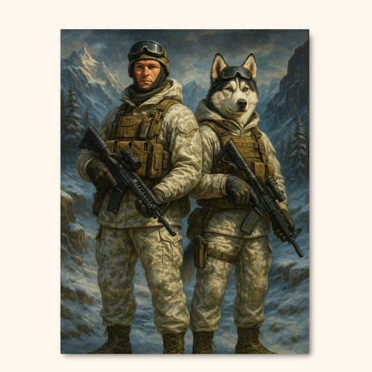 Elite Winter Warriors – Custom Tactical Portrait of Human & Husky Soldier