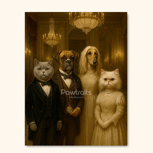 Victorian Pet Gala Portrait – Elegant Custom Painting of Dogs and Cats in Formal Attire