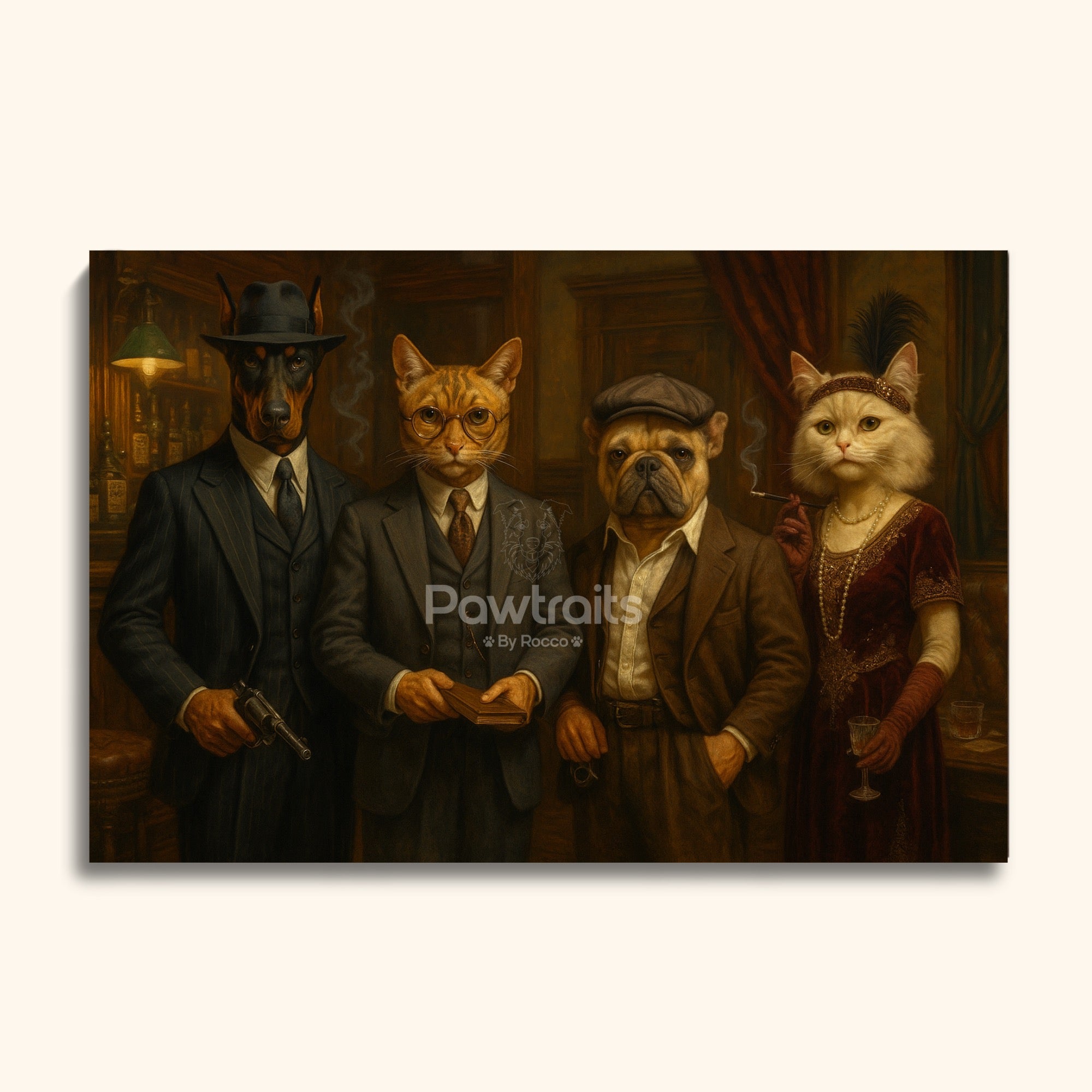 Gangster Pet Portrait – Custom Vintage Painting of Pets in Mobster Attire