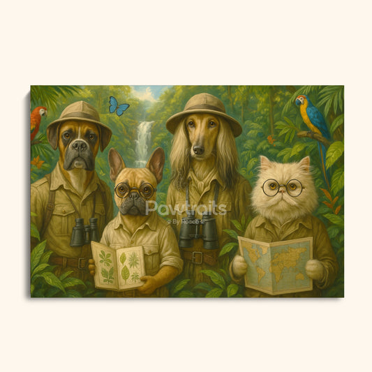 Jungle Explorer Pets – Custom Portrait of Dogs and Cats on a Tropical Expedition