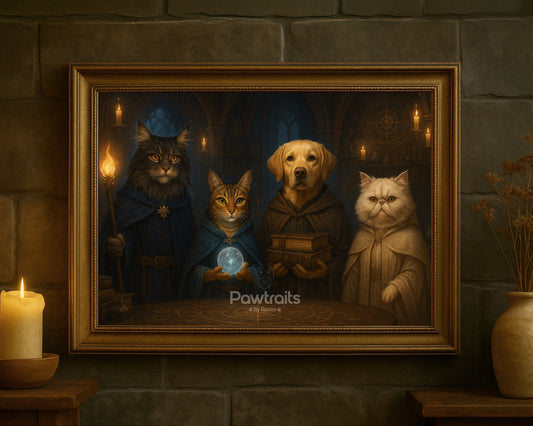 Fantasy Pet Wizards Canvas – Enchanted Wall Art Featuring Magical Dogs and Cats in Medieval Robes