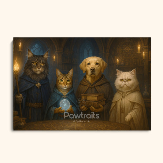 Fantasy Pet Wizards Canvas – Enchanted Wall Art Featuring Magical Dogs and Cats in Medieval Robes