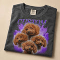 Load image into Gallery viewer, Charcoal custom pet t-shirt folded flat lay with poodle portrait
