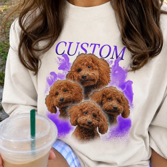 Woman in cream custom pet t-shirt with poodle portrait