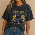Load image into Gallery viewer, Woman wearing grey custom pet portrait t-shirt with dogs
