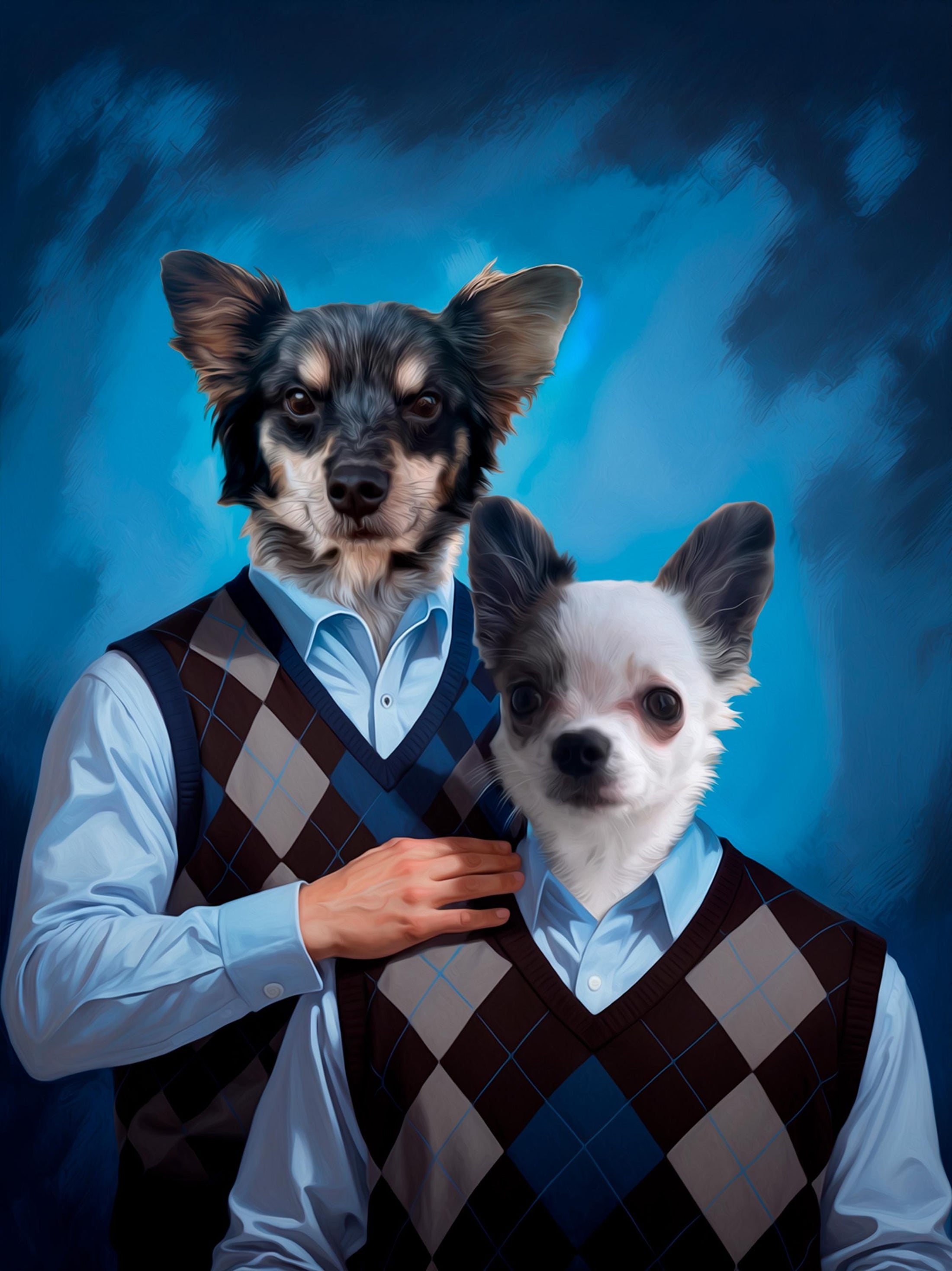 Custom Step Brothers portrait of owner and dog framed on wall